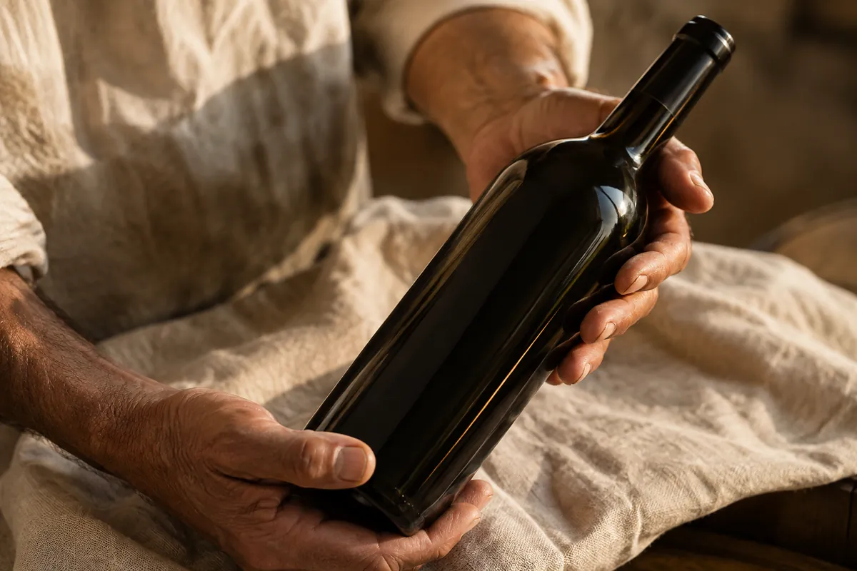 Manos de un productor sosteniendo una botella