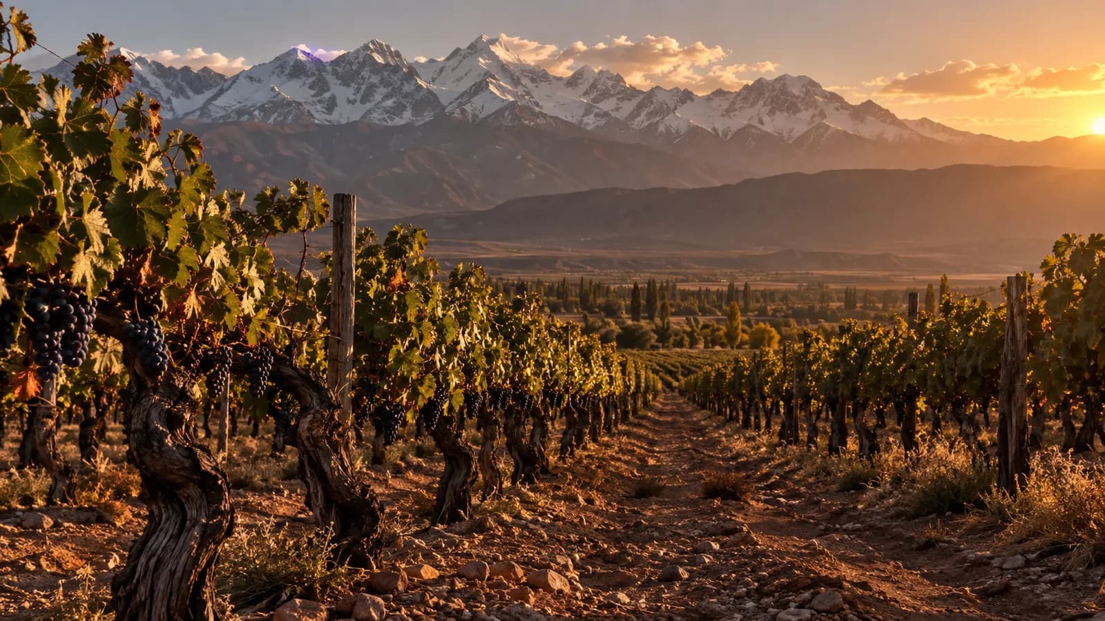 Viñedo de altura al atardecer con la cordillera de fondo