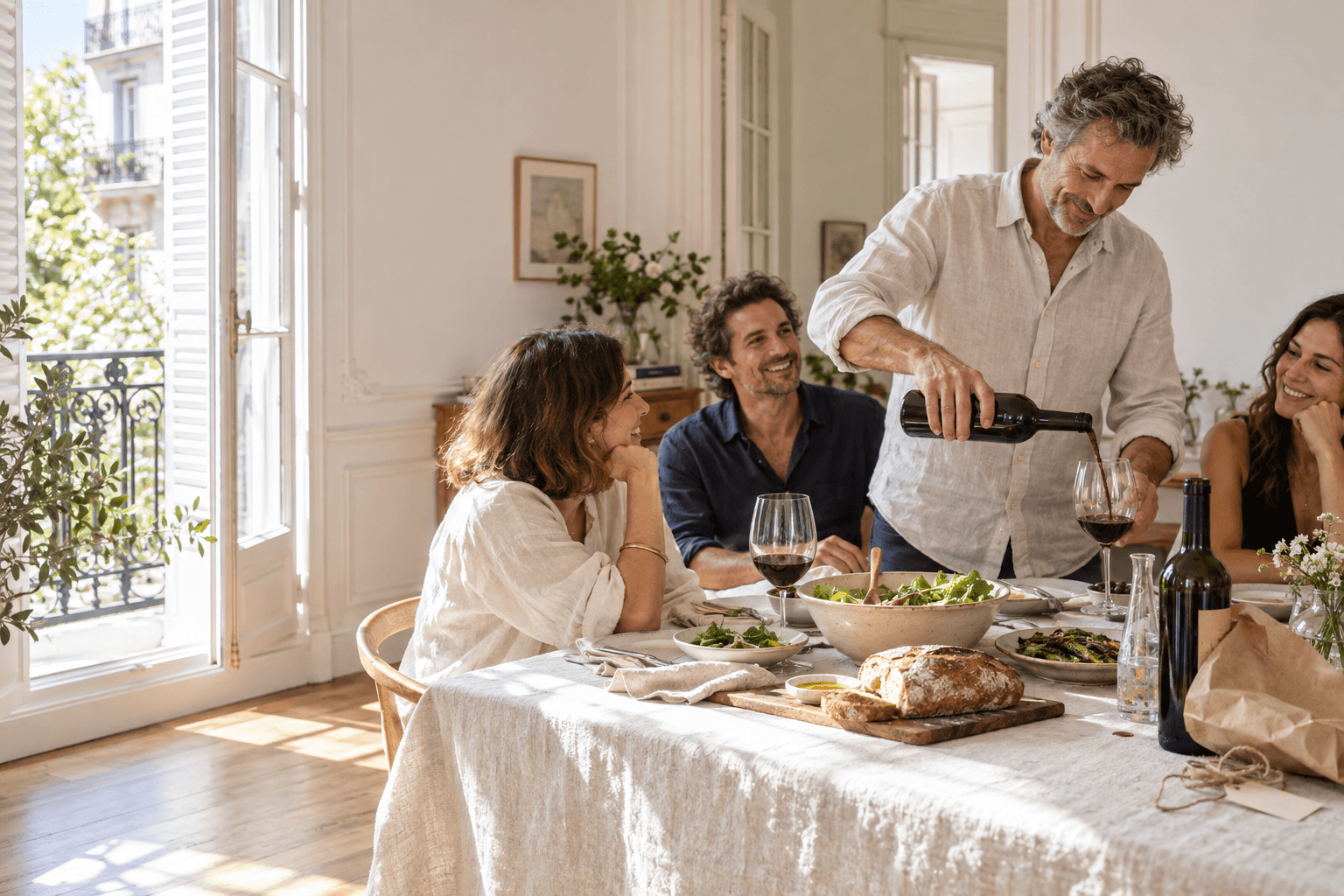 Almuerzo entre amigosl con vino sobre la mesa